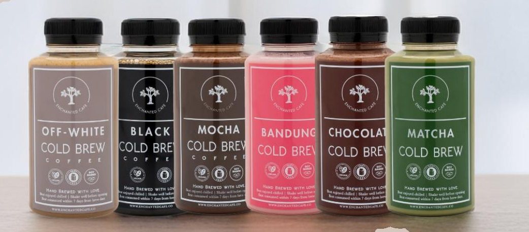 Enchanted Café cold brew bottles: Off-White, Black, Mocha, Bandung, Chocolate and Matcha